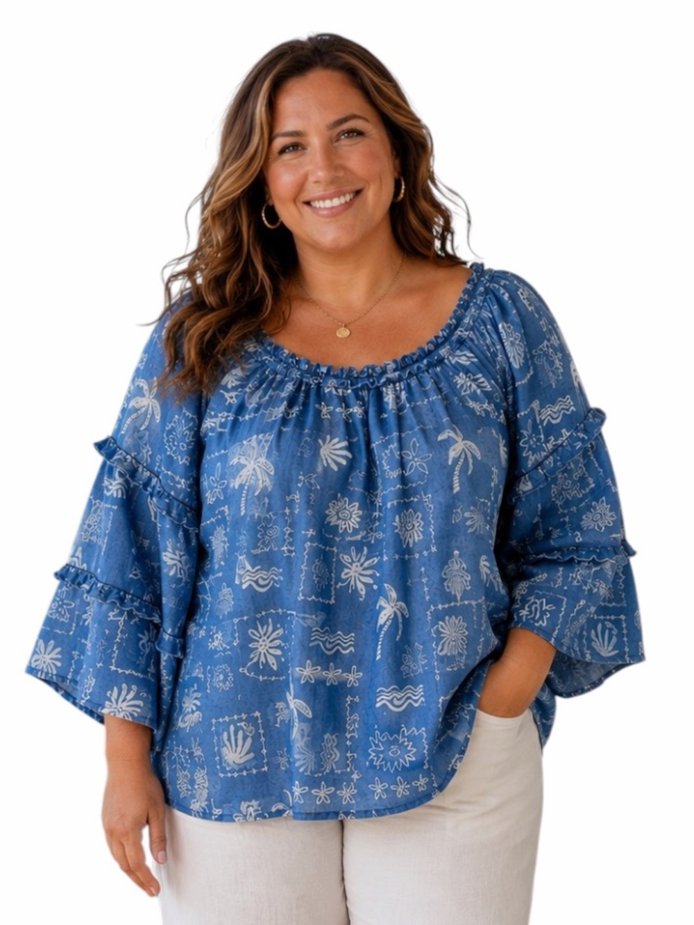 Hope & Harlow 2X Relaxed Denim Chambray Boho Blouse Tropical Print Resortwear
